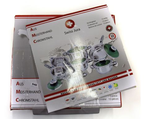 A boxed Swiss "Jura" 12 piece cookware set. Please note this is a credit card reclaim item sold as seen and without reserve.