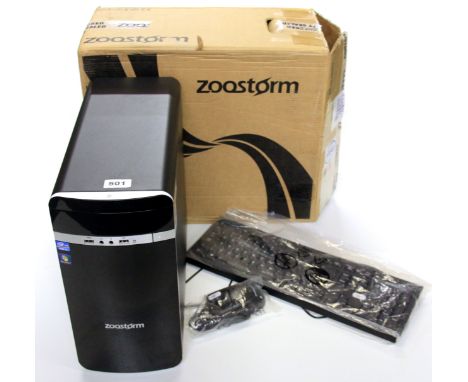 A boxed Zoostorm desktop computer with keyboard and mouse. Please note this is a credit card reclaim item sold as seen and wi