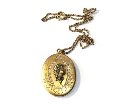 Antique gold plated locket and chain stone set with cameo portrait front locket measures approx 4.5cm by 3.1cm in good condit