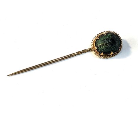 Antique high carat gold scarab beetle stick pin measures approx 6.5cm xrt as 14ct gold 