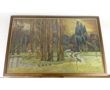 20th century School,
a study of storks in woodland,
long stitch tapestry,
63 x 100 cm, CONDITION REPORT: Framed and glazed, g