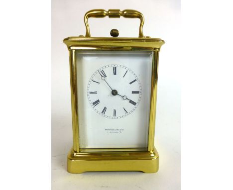 A French carriage alarm clock with repeater function, with a brass five glass case, enclosing the enamelled face with Roman n
