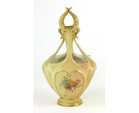 A Royal Worcester blush ivory basket, the neck forming four divisions surmounted by a swag form handle, over a florally paint