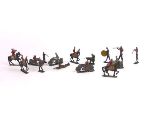A collection of various lead figures to include military, men on horseback, bikers, army etc. CONDITION REPORT: Play worn, fl