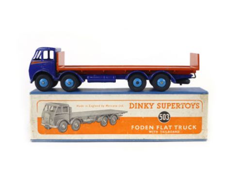 A Dinky Super Toys Fodden flatbed truck with tailboard, number 503, with blue painted cab, orange bed in original box  CONDIT
