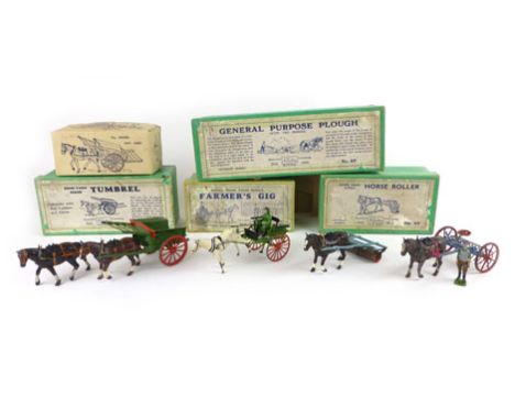 A set of four boxed Britains 'Home Farm' series models, farmers gig, tumbrel horse roller and general purpose plough, all box