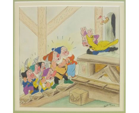 (?) Mougue (French 20th century School),
'La Fete', Snow White and the seven dwarves,
signed and dated 1954,
pen and watercol