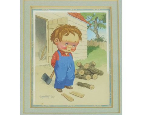 Donald McGill (1875-1962)
'If there's two things I'm bad at its writing and chopping wood....',
signed,
watercolour,
21 x 15 