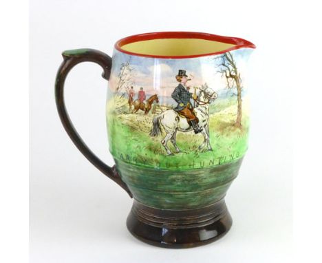 A Mintons & Co. jug decorated with a hunting scene entitled 'Regardless of Expense', h. 19 cm CONDITION REPORT:  no obvious c