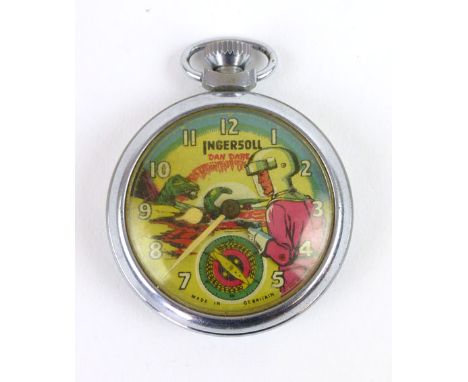 An Ingersoll chrome cased Dan Dare pocket watch with automaton arm movement and the Eagle Comics emblem to the back CONDITION