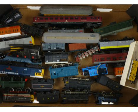 A collection of OO gauge locomotives, carriages, cars etc., to include Thomas the Tank Engine wind up loco, snow plough etc. 
