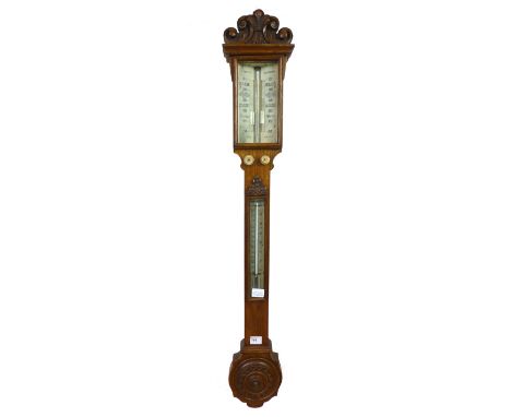 A 19th century oak and bevel glass stick barometer, with carving and turned ivory knobs, signed 'J White, Glasgow', h. 105 cm