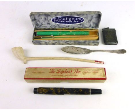 A hallmarked engraved vesta case together with a cased set of green baker light cased pen and pencil, Stevens fountain pen, c