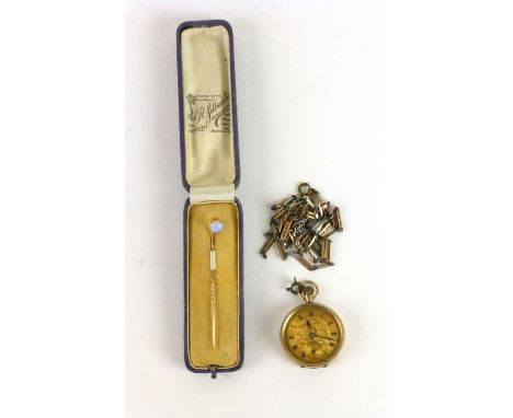 A 9ct gold cased ladies pocket watch with associated chain together with a cased yellow metal ladies stick pin