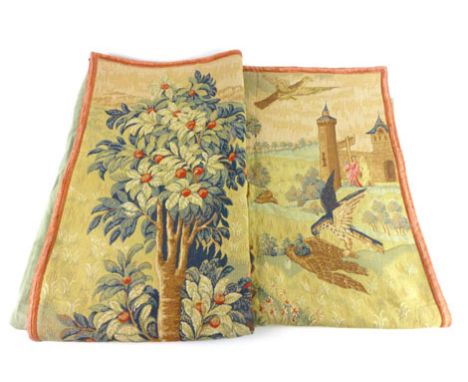 A large tapestry of eagle hunting scene oh horse back outside country manor 