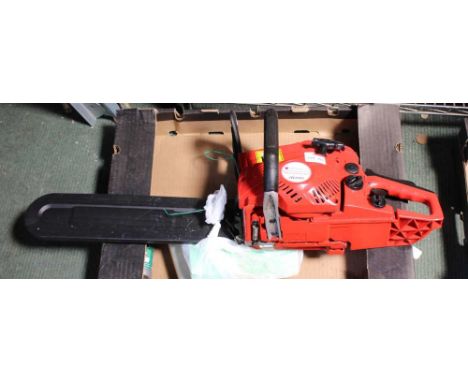 A RED FINISHED 38CC PETROL CHAINSAW plus accessories, sold together with a folding metal log horse 