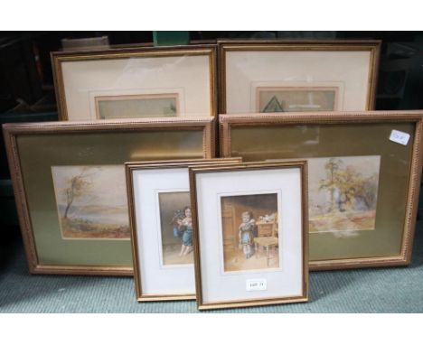 A PAIR OF FIRST QUARTER 20TH CENTURY WATERCOLOURS by T B Fowler, together with two pairs of prints to include two children by