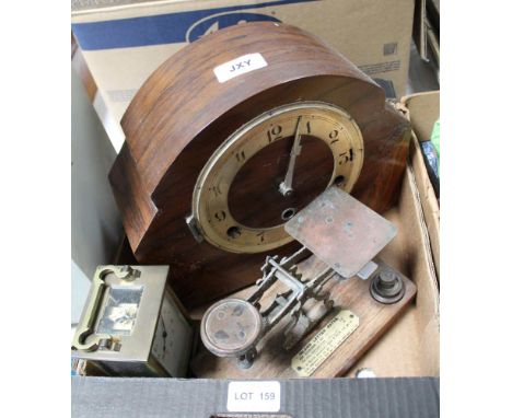 A MIXED BOX CONTAINING A BRASS CARRIAGE CLOCK, a pair of Mother of Pearl opera glasses, postal scales and an Art Deco design 