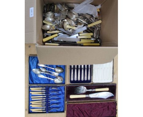 A BOX CONTAINING AN EXTENSIVE SELECTION OF CUTLERY &amp; SERVING UTENSILS to include; hallmarked silver examples 