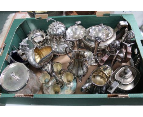 A BOX CONTAINING A GOOD SELECTION OF 19TH &amp; 20TH CENTURY SILVER PLATED ITEMS the majority for the dining table 