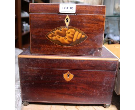 TWO MAHOGANY CADDY BOXES with decorative shell inlay 