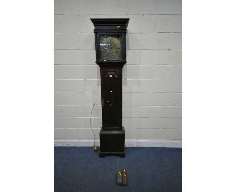 A 19TH CENTURY OAK CASED EIGHT DAY LONGCASE CLOCK,  the glass door enclosing a 10.5 inch dial, engraved Edward Greene, a sing