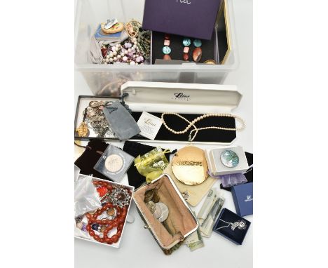 A BOX OF ASSORTED WHITE METAL JEWELLERY AND COSTUME JEWELLERY, to include a white metal marcasite teddy bear brooch fitted wi