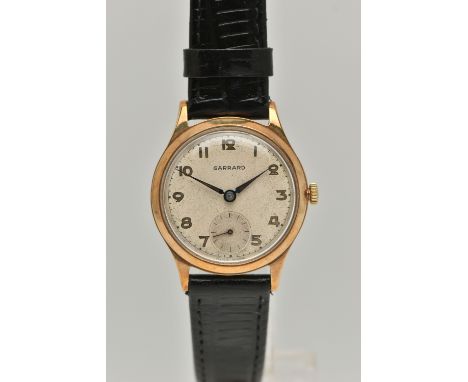 A 9CT GOLD 'GARRARD' WRISTWATCH, hand wound movement, round dial signed 'Garrard' Arabic numerals, subsidiary second dial at 