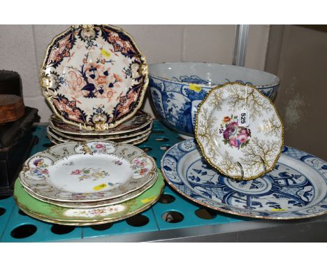 A GROUP OF NAMED CERAMICS, comprising a large Delftware bowl, decorated with an Oriental water garden scene, diameter 35cm (c