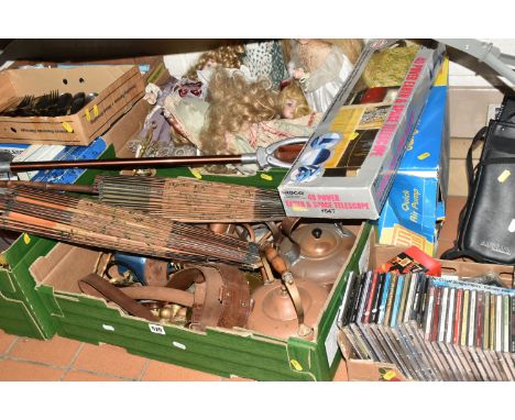 SIX BOXES OF MISCELLANEOUS SUNDRIES, to include a set of Denby Touchstone 'Arabesque' cutlery, two copper kettles, copper wat