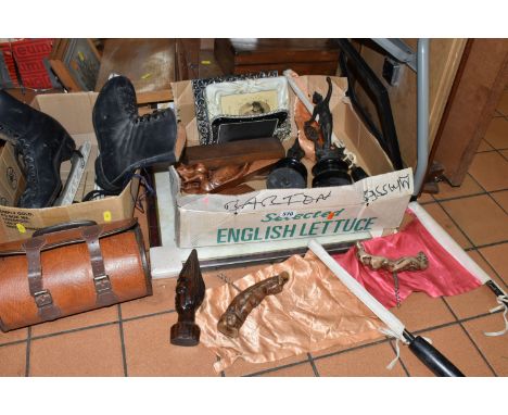 TWO BOXES AND LOOSE SUNDRY ITEMS ETC, to include an oak framed fire screen, two distressed wooden boxes, carved wooden doorst