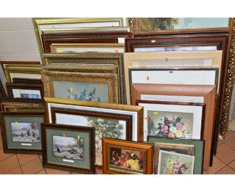 A QUANTITY OF FRAMED DECORATIVE PRINTS, to include two Miles Birket Foster landscapes with children, approximate sizes 15cm x