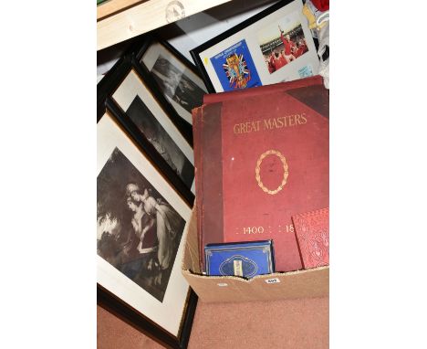 A BOX AND LOOSE PICTURES AND BOOKS, comprising a Great Masters 1400-1800 folder of art prints, seven framed prints, two antiq