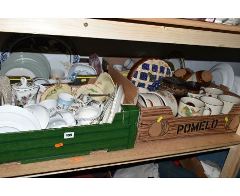 SIX BOXES OF CERAMICS AND GLASS WARES, to include two Churchill Willow pattern tureens, Willow pattern meat plates, a novelty