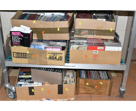 SIX BOXES OF CDS AND VIDEOS, to include thirty new and unused TDK TV 180 VHS cassettes, a boxed set of eight The Forsythe Sag