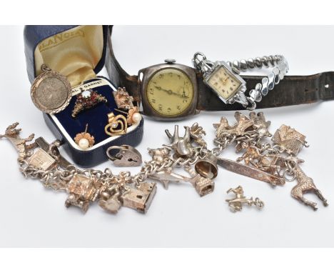 A SMALL ASSORTMENT OF JEWELLERY, to include a pair of yellow metal and cultured pearl earrings, unmarked, approximate gross w