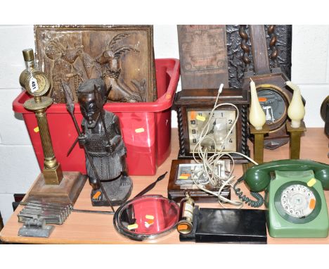 A BOX AND LOOSE TREEN, TELEPHONE AND METAL WARES, to include various wooden carved panels, a brass column style clock, a two 