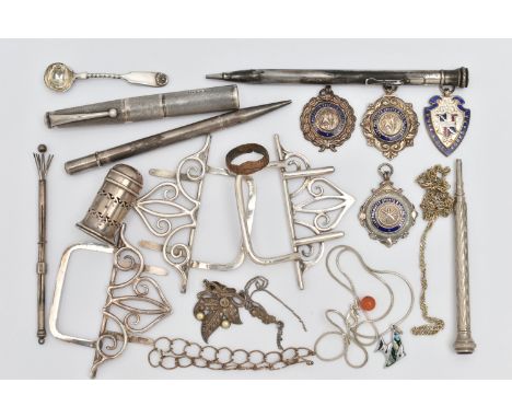 A SMALL BOX OF ASSORTED ITEMS, to include a silver striker lighter, engine turned pattern, with screw cap, hallmarked 'HCB' L