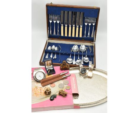 A BOX OF ASSORTED ITEMS, to include a small incomplete canteen, a boxed serving tray, a 'Dansk' mantle clock, two wristwatche
