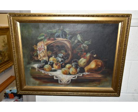 A SMALL QUANTITY OF PAINTINGS AND PRINTS ETC, to include an oil on canvas still life study of fruit in a basket, signed and d