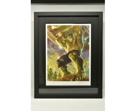 ALEX ROSS FOR MARVEL COMICS 'IMMORTAL HULK', a limited edition print on paper, depicting Hulk lifting a tank, 38/195 with cer