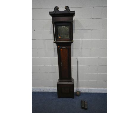 A GEORGIAN OAK CASED 30 HOUR LONGCASE CLOCK, with twin swan neck pediment, above double pillar supports, flanking a single gl