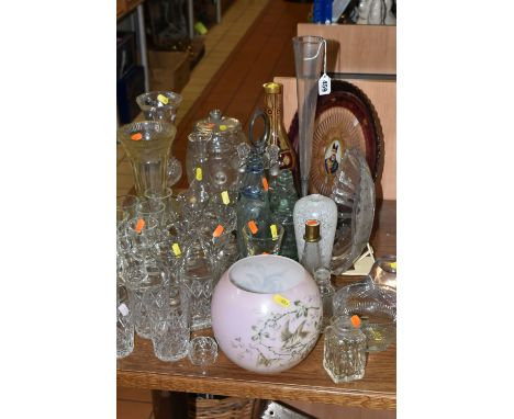 A COLLECTION OF 19TH AND EARLY 20TH CENTURY GLASSWARE, comprising a pale pink oil lampshade decorated with birds, blossom and