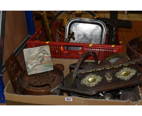 TWO BOXES OF METALWARE, LIGHTING AND THREE LARGE CRUCIFIXES, to include a desk top brass crucifix, large cast metal light fit