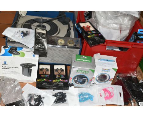 A MARCONIPHONE TURNTABLE AND SUNDRIES, to include a blue cased Marconiphone BSR turntable, a boxed 'Cyber Blue' car video rec