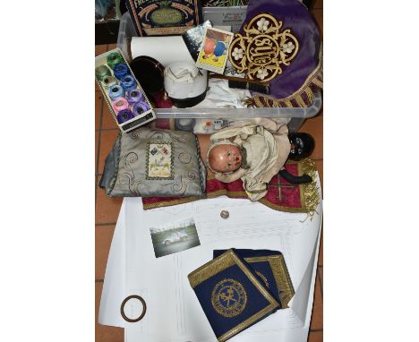 TWO BOXES OF TEXTILES, DOLL AND SUNDRY ITEMS, to include a double ended doll c1930s-1950s, with composite heads and cloth arm