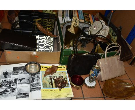 THREE BOXES OF BOOKS AND SUNDRIES, to include six volumes of Purnell -The History of the Second World War, wooden fruit bowls