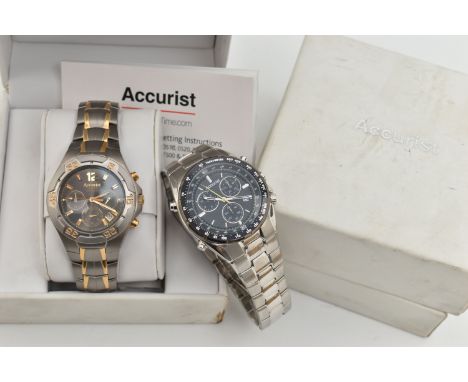 TWO GENTS BOXED 'ACCURIST' WRISTWATCHES, the first quartz movement, round gun metal colour chronograph dial, signed 'Accurist