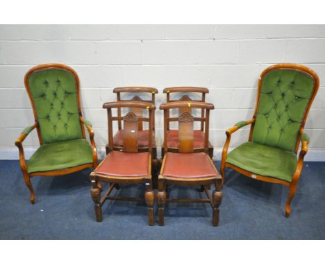A PAIR OF REPRODUCTION BUTTON BACK ARMCHAIRS, with green studded upholstery, open armrests, on front cabriole legs, width 64c