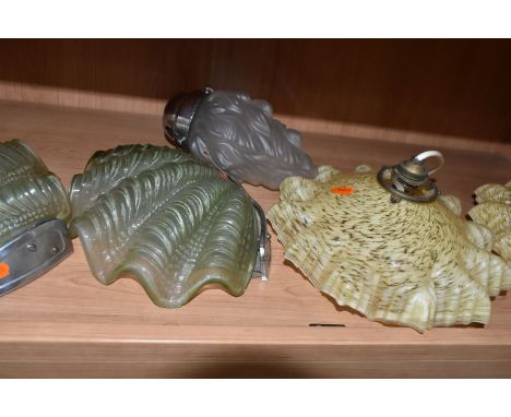 A GROUP OF FIVE ART DECO 1920'S GLASS LIGHT SHADES, comprising a pair of green glass and chrome surround shell wall lights, w